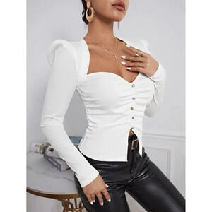 Shein Ribbed Puff Sleeve Button Front Crop Top XS White